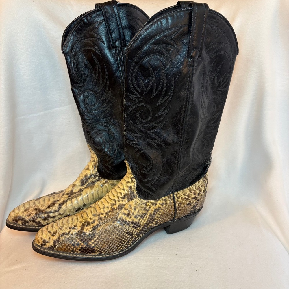 Mens Snakeskin Western Cowboy Boots Black Leather Made in USA Size 10 7670